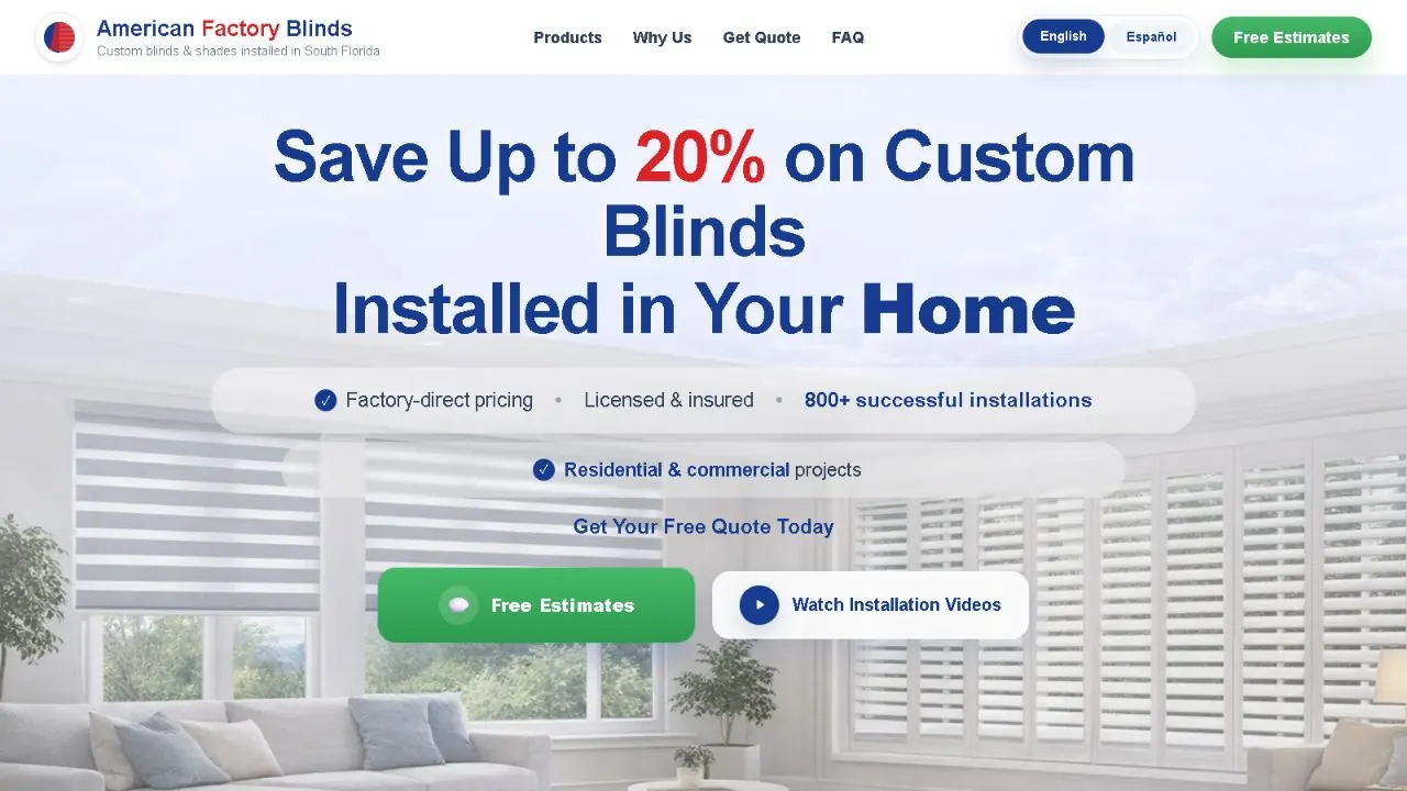 South Florida Factory Blinds homepage screenshot